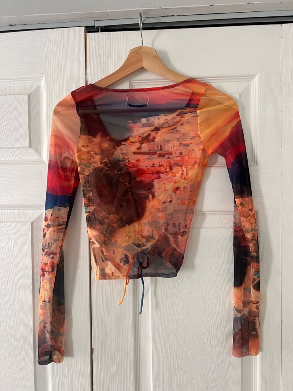Urban Outfitters Sunset Ruched Sheer Long Sleeve Top - Orange, Red, Blue - Picture 3 of 3